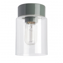 Plafonnier scandinave cylindrique avec socle en céramique gris brillant et diffuseur en verre transparent